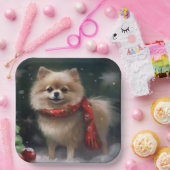 Assiettes En Carton Chien de Poméranie en Noël de neige (Fête)