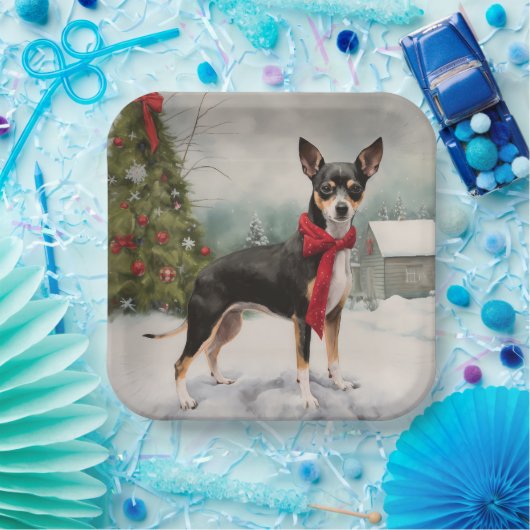 Assiettes En Carton Chien de Rat Terrier à Noël de neige (Fête)