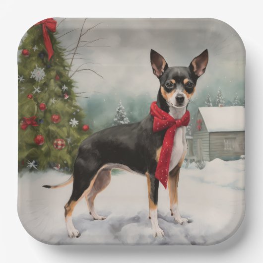 Assiettes En Carton Chien de Rat Terrier à Noël de neige (Recto)