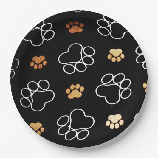 Assiettes En Carton Chien drôle PawPrints des plaques à papier noires (Devant)