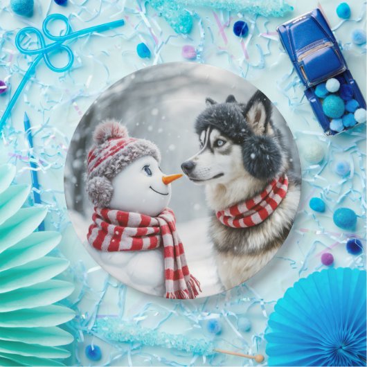 Assiettes En Carton Chien Husky Avec Snowman (Fête)