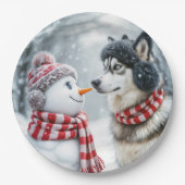 Assiettes En Carton Chien Husky Avec Snowman (Devant)