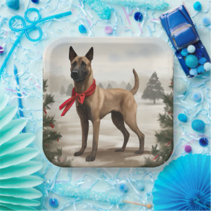 Assiettes En Carton Chien Malinois Belge dans la neige Noël