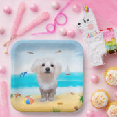 Assiettes En Carton Chien maltais sur la plage (Fête)