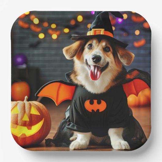Assiettes En Carton Chien mignon en costume Halloween (Recto)