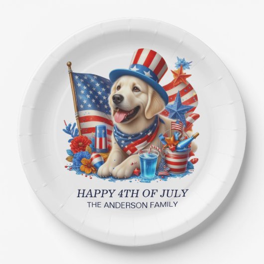 Assiettes En Carton Chien Patriotique Haut Chapeau Rouge Blanc Bleu Ét (Devant)