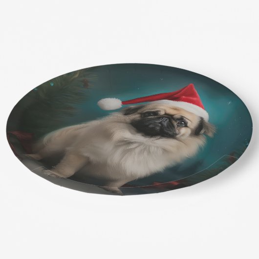 Assiettes En Carton Chien pekingese pendant Noël de neige (Angle)