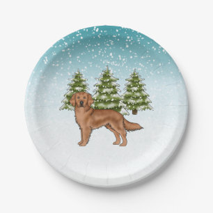 Assiettes En Carton Chien Retriever doré rouge Noël d'hiver bleu