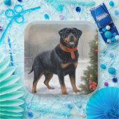 Assiettes En Carton Chien Rottweiler pendant Noël de neige (Fête)
