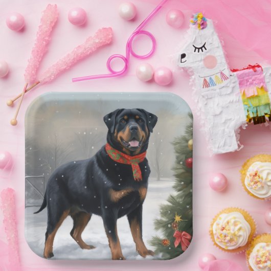 Assiettes En Carton Chien Rottweiler pendant Noël de neige (Fête)