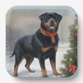 Assiettes En Carton Chien Rottweiler pendant Noël de neige (Recto)