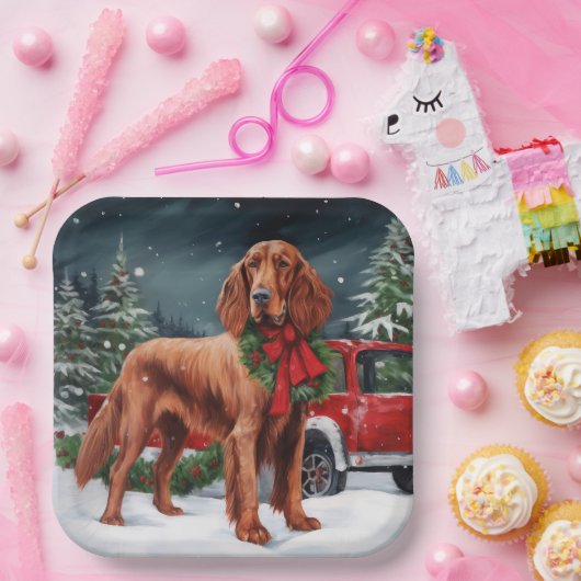 Assiettes En Carton Chien rouge irlandais à la neige Noël (Fête)