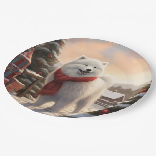 Assiettes En Carton Chien Samoyé à Noël de neige (Angle)