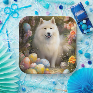 Assiettes En Carton Chien Samoyé avec oeufs de Pâques vacances