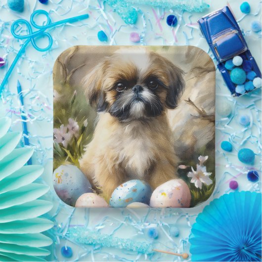 Assiettes En Carton Chien Shih Tzu avec Oeufs de Pâques Fête (Fête)