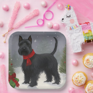 Assiettes En Carton Chien Terrier Écossais dans la neige Noël