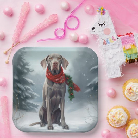 Assiettes En Carton Chien Weimaraner à Noël de neige (Fête)