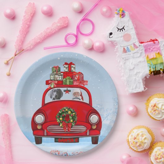 Assiettes En Carton Chien Weimaraner En Voiture Avec Le Père Noël (Fête)