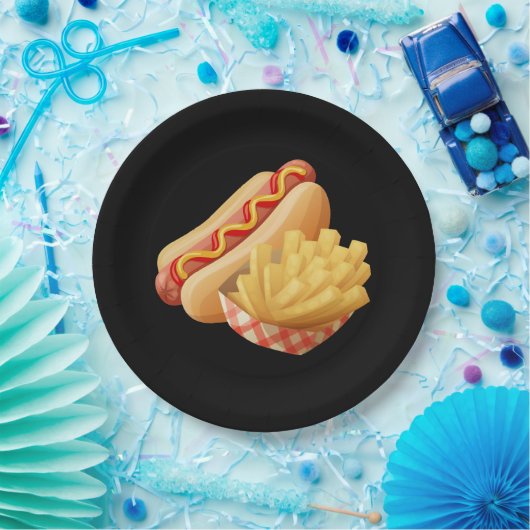 Assiettes En Carton Chiens chauds mignons et frites (Fête)