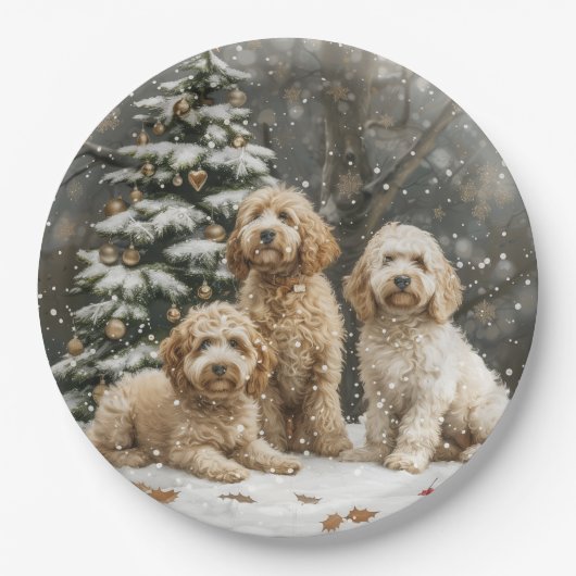 Assiettes En Carton Chiens de chiot de Noël Goldendoodle (Devant)