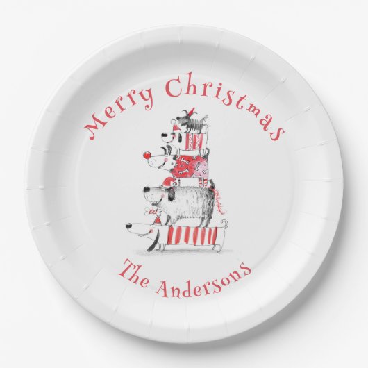 Assiettes En Carton Chiens de fête sympa Joyeux Noël (Devant)