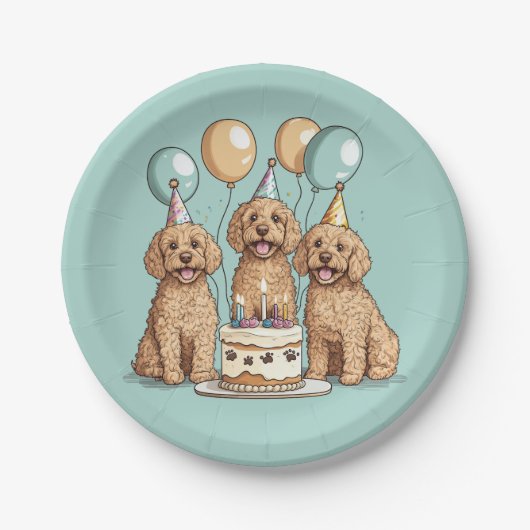 Assiettes En Carton Chiens de Goldendoodle d'anniversaire (Devant)