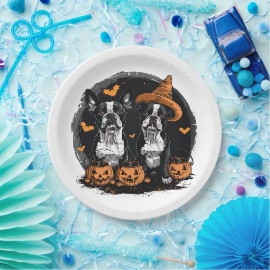 Assiettes En Carton Chiens de Halloween Boston Terrier (Fête)