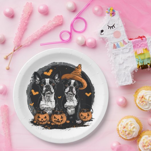 Assiettes En Carton Chiens de Halloween Boston Terrier (Fête)