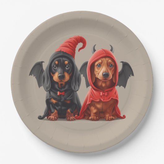Assiettes En Carton Chiens de Halloween Dachshund Devil Bat (Devant)