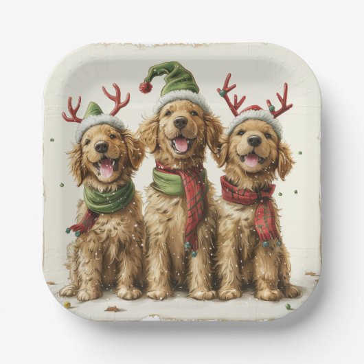 Assiettes En Carton Chiens de Noël Golden Retriever (Recto)
