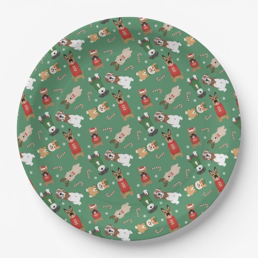 Assiettes En Carton Chiens de Noël Motif Rouge Vert (Devant)
