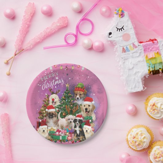 Assiettes En Carton Chiens Joyeux Noël Lumière (Fête)