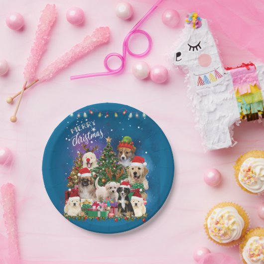 Assiettes En Carton Chiens Joyeux Noël Lumière (Fête)