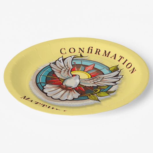 Assiettes En Carton Chiffre blanc jaune Confirmation religieuse cathol (Angle)