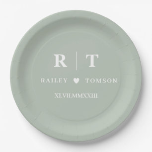 Assiettes En Carton Chiffres romains vert sauge Monogramme minimaliste