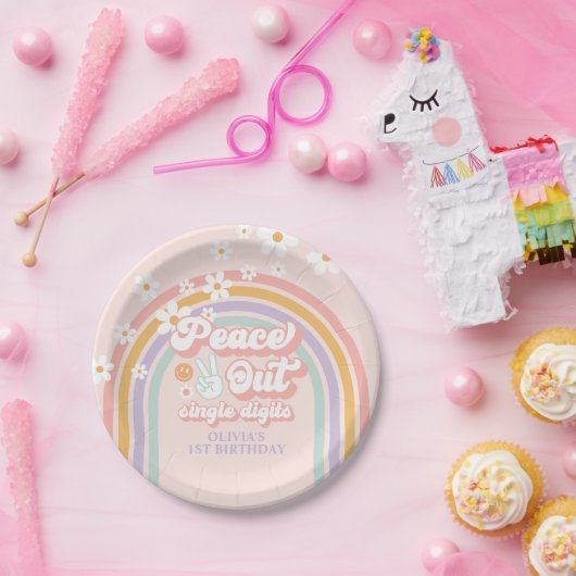 Assiettes En Carton Chiffres simples Peace Out Pastel rainbow (Fête)
