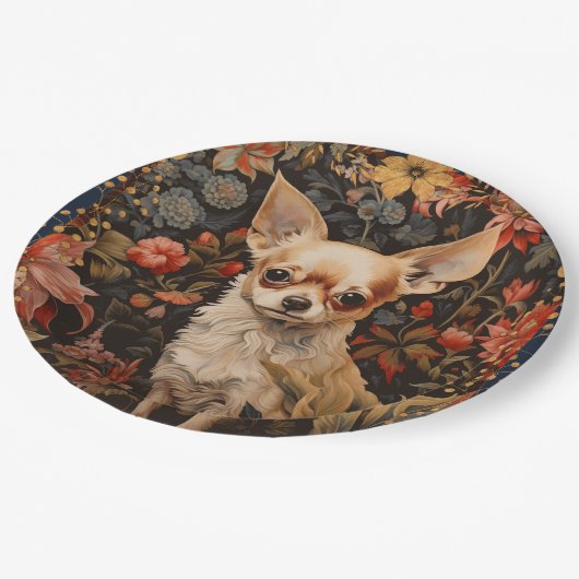 Assiettes En Carton Chihuahua avec des fleurs en style William Morris (Angle)