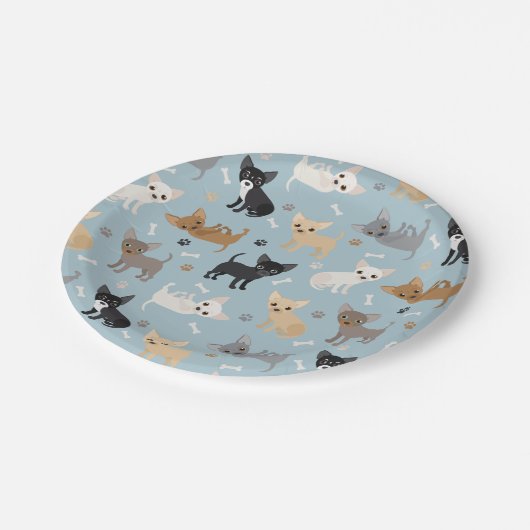 Assiettes En Carton Chihuahua Bones and Paws Blue Paper Plate (Angle)