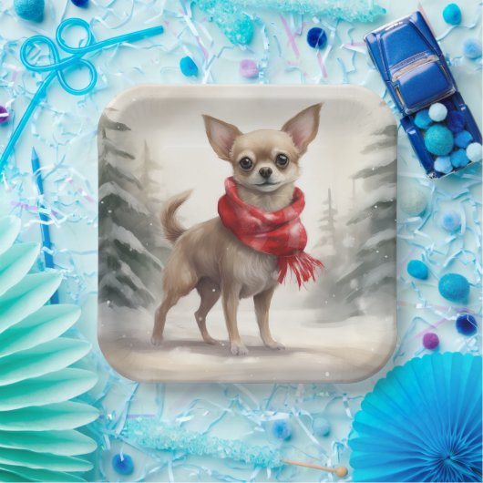 Assiettes En Carton Chihuahua Chien dans Noël de neige (Fête)
