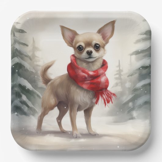 Assiettes En Carton Chihuahua Chien dans Noël de neige (Recto)