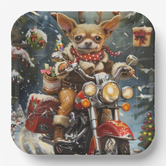 Assiettes En Carton Chihuahua Chien équitation moto Noël (Recto)