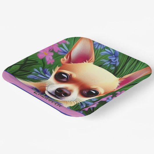 Assiettes En Carton Chihuahua Puppy dans la prairie de fleurs Personna (Angulaire)