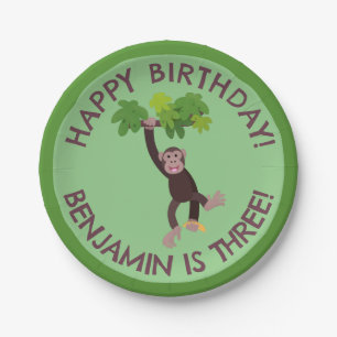 Assiettes En Carton Chimpanzé mignon dans la jungle anniversaire perso