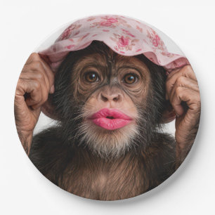 Assiettes En Carton Chimpanzé portant du rouge à lèvres rose