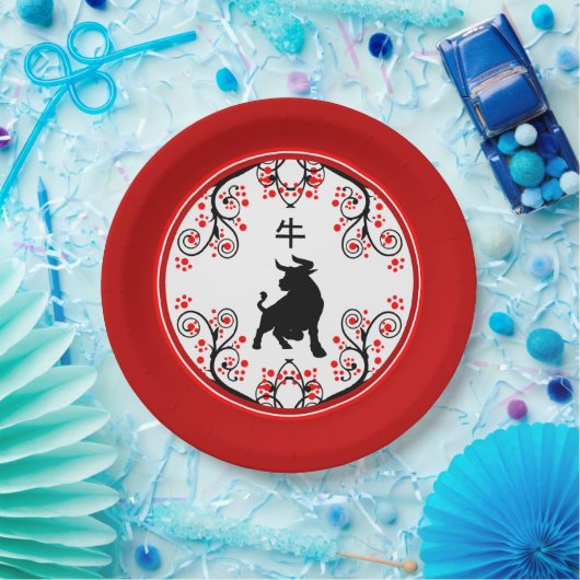 Assiettes En Carton Chinese New Year Ox with Red Blossoms (Fête)
