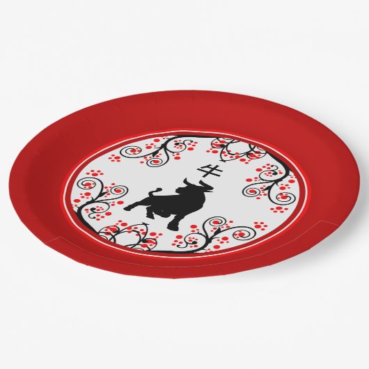 Assiettes En Carton Chinese New Year Ox with Red Blossoms (Angle)