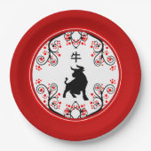 Assiettes En Carton Chinese New Year Ox with Red Blossoms (Devant)