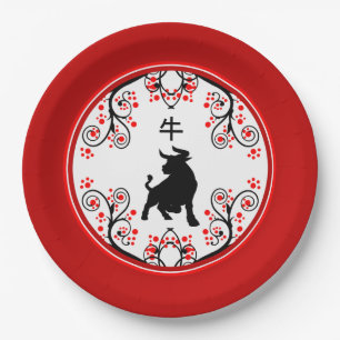 Assiettes En Carton Chinese New Year Ox with Red Blossoms