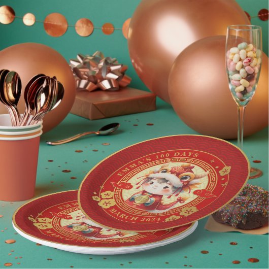 Assiettes En Carton Chinois Traditionnel Bébé 100 Jours 百 日 (Multi)