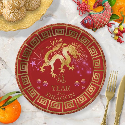 Assiettes En Carton Chinois Zodiac Dragon Rouge/Or ID542